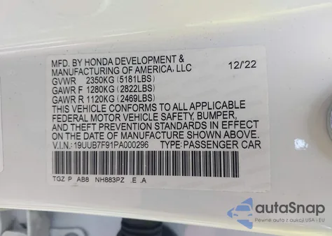 2023 Acura Tlx Type S - Hp Wheel And Tire from USA, damaged, VIN 19UUB7F91PA000296